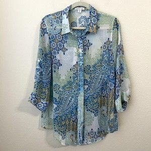 Coldwater Creek Womens Blouse Top Size 10-12 Medium Paisley Sheer Button Front